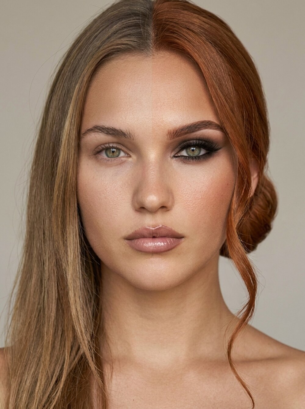 A split portrait: a natural, bare-faced look on the left and a polished glam look on the right, illustrating a glow-up.