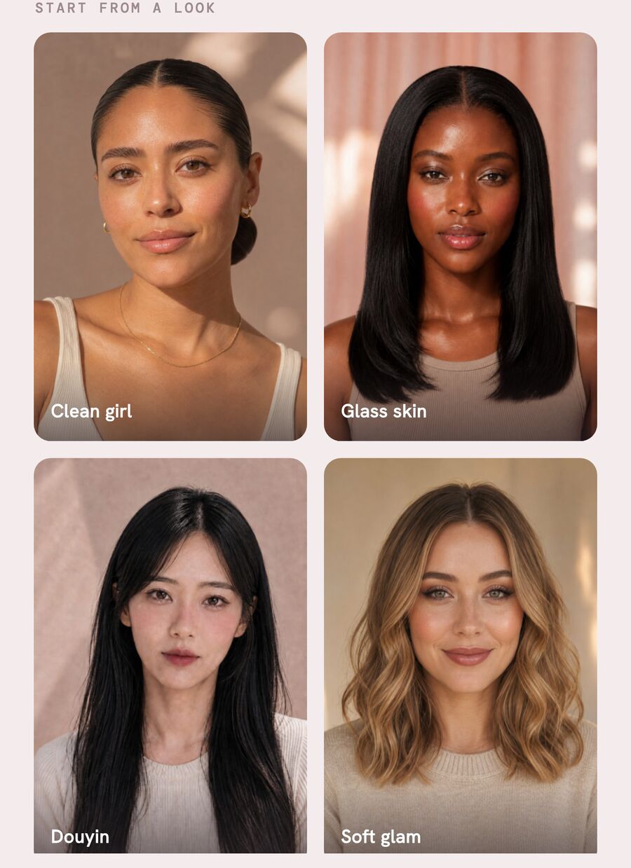 Enviya's built-in look tiles: clean girl, glass skin, douyin and soft glam.