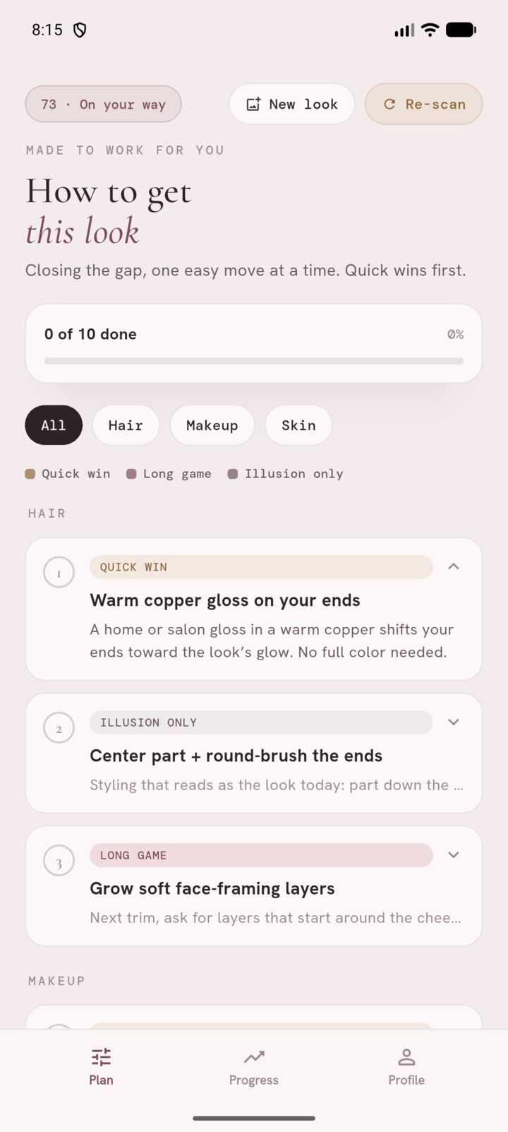 Enviya's plan screen with numbered, checkable steps across hair, makeup and skin, tagged as quick wins or long-term goals.