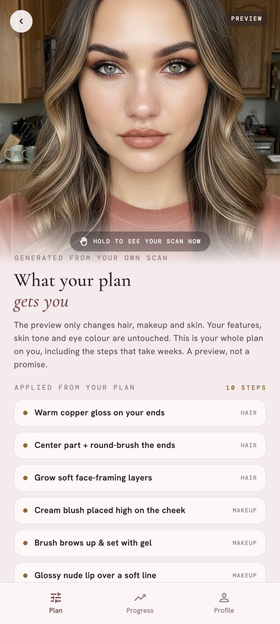 Enviya's preview screen, showing the planned look rendered on the user's own face with a hold-to-compare control and the plan steps it applied.