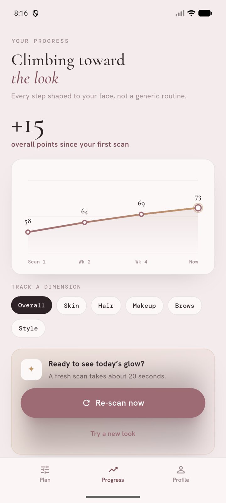 Enviya's progress screen showing a rising trend line as your match to the chosen look improves over time.